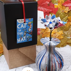 Cat in the Hat vase and Origami Flowers - Paper  - Flowers anniversary - Teacher Gift