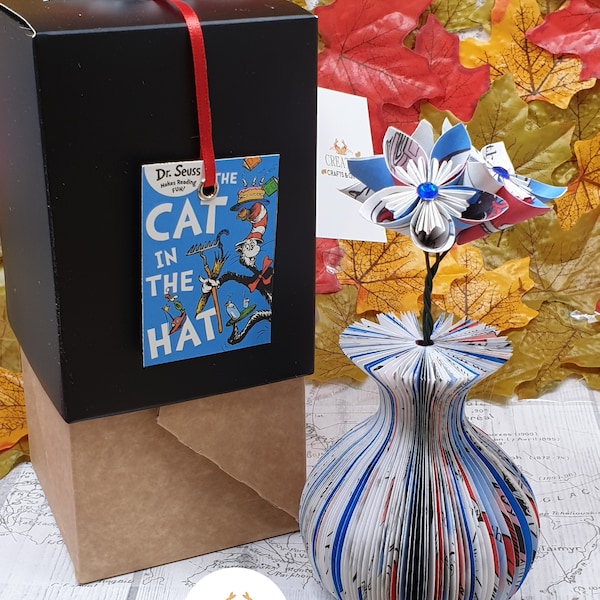 Teacher Gift Featuring The Cat in the Hat - Dr Seuss Book Vase - Origami Flower Present