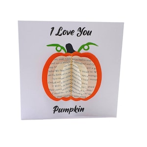 Carte de voeux citrouille, carte d'anniversaire de fruits, carte de pages de livre, citrouille Je t'aime
