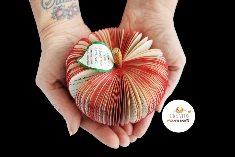 Red Apple made from a Book with a personalised leaf image 3