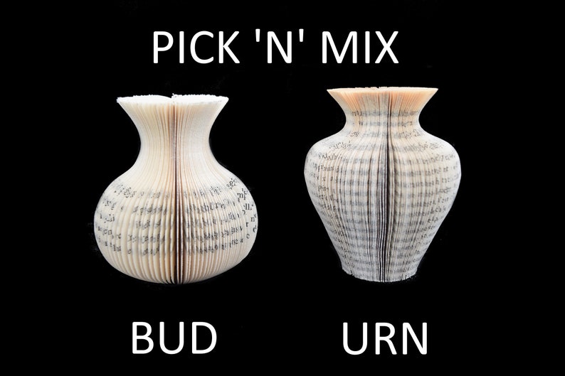 May include: Two book page vases, one shaped like a bud and the other shaped like an urn. The text "PICK 'N' MIX" is above the vases and the text "BUD" and "URN" are below the vases.