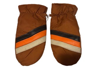 Unisex Adult Vintage 1970s Insulated Winter Mittens in Brown, Orange White