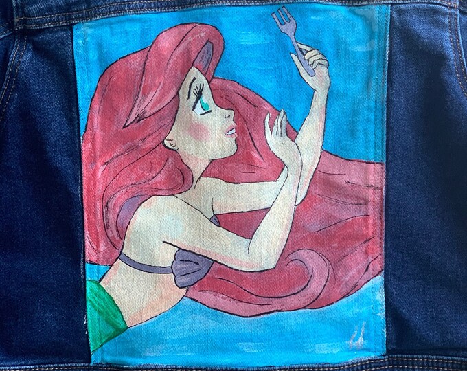 Ariel and her dinglehopper Custom Kids Jacket; Custom denim jacket; painted denim jacket; hand painted jacket