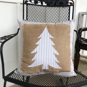 Handmade Christmas pillow Christmas tree pillow with burlap and ticking stripes Farmhouse Christmas pillow image 9