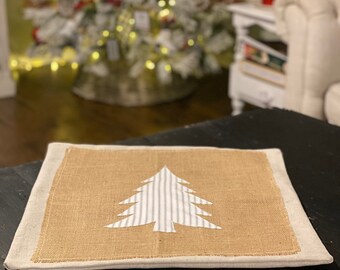 Handmade Christmas Tree Pillow Cover, Burlap & Ticking Stripe