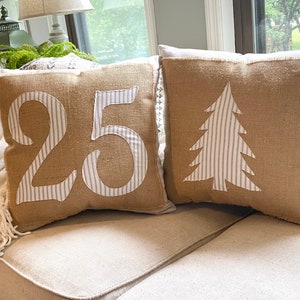 Handmade Christmas pillow Christmas tree pillow with burlap and ticking stripes Farmhouse Christmas pillow image 2