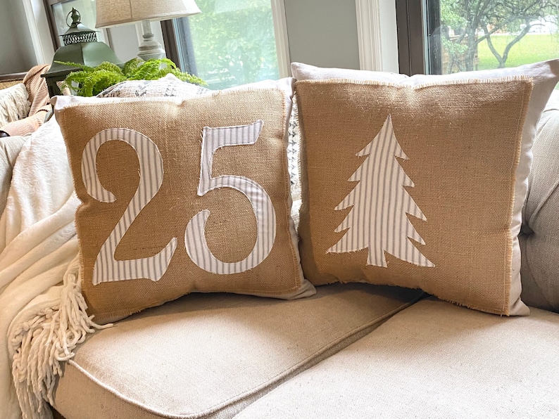 Handmade Christmas pillow Christmas tree pillow with burlap and ticking stripes Farmhouse Christmas pillow image 2