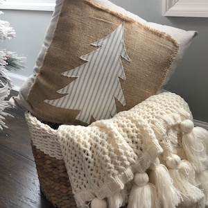 Handmade Christmas pillow Christmas tree pillow with burlap and ticking stripes Farmhouse Christmas pillow
