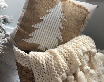 Handmade Christmas Tree Pillow: Burlap & Ticking Stripe, Farmhouse Decor