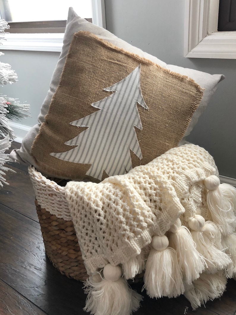 Handmade Christmas pillow Christmas tree pillow with burlap and ticking stripes Farmhouse Christmas pillow image 1