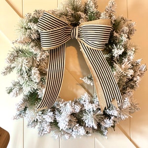 Large 24in Flocked Christmas Wreath/ Farmhouse Christmas/ Winter Wreath/ Christmas Wreath/ Ticking Stripe/ Farmhouse Wreath/