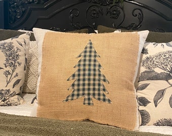 Handmade Christmas Tree Pillow, Burlap & Green Plaid, Farmhouse Decor