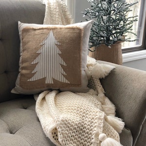 Handmade Christmas pillow Christmas tree pillow with burlap and ticking stripes Farmhouse Christmas pillow image 3