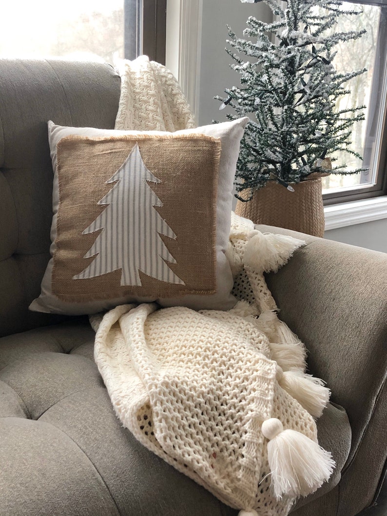 Handmade Christmas pillow Christmas tree pillow with burlap and ticking stripes Farmhouse Christmas pillow image 3