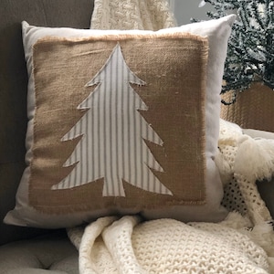 Handmade Christmas pillow Christmas tree pillow with burlap and ticking stripes Farmhouse Christmas pillow image 10