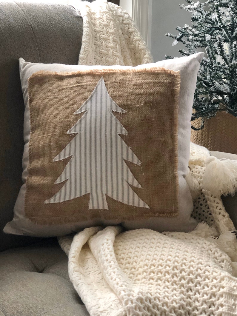 Handmade Christmas pillow Christmas tree pillow with burlap and ticking stripes Farmhouse Christmas pillow image 10