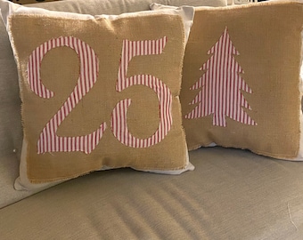 Handmade Burlap Christmas Pillow: Farmhouse Tree with Red Ticking