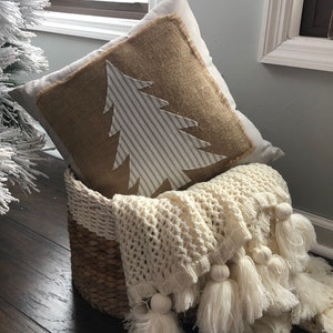 Handmade Christmas pillow Christmas tree pillow with burlap and ticking stripes Farmhouse Christmas pillow image 5