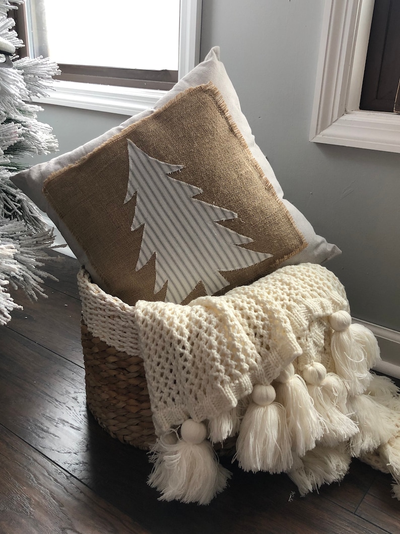 Handmade Christmas pillow Christmas tree pillow with burlap and ticking stripes Farmhouse Christmas pillow image 5