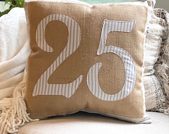 Handmade Farmhouse Christmas Pillow: Burlap, Ticking Stripes, Number 25