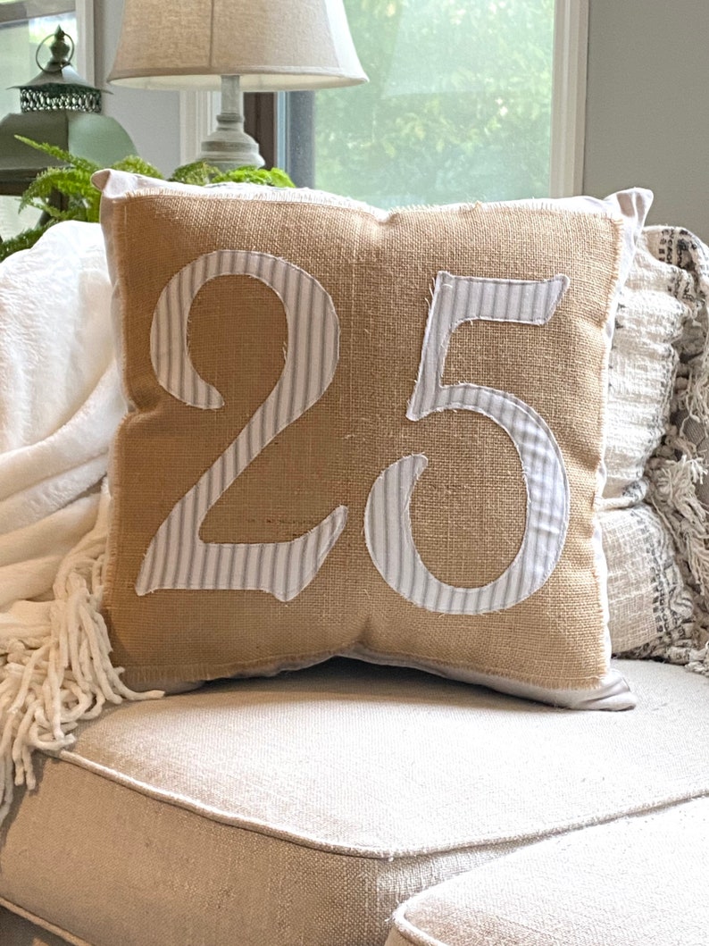 Handmade Christmas pillow Christmas tree pillow with burlap and ticking stripes Farmhouse Christmas pillow image 4