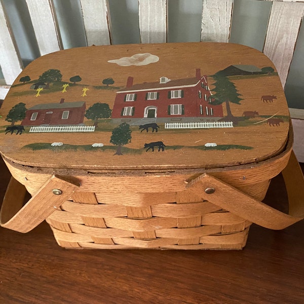 Cesta de picnic vintage con tapa pintada a mano. Cesta de picnic / cesta vintage / cesta antigua / cesta de picnic pintada vintage