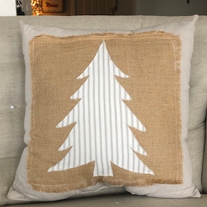 Handmade Christmas pillow Christmas tree pillow with burlap and ticking stripes Farmhouse Christmas pillow image 8