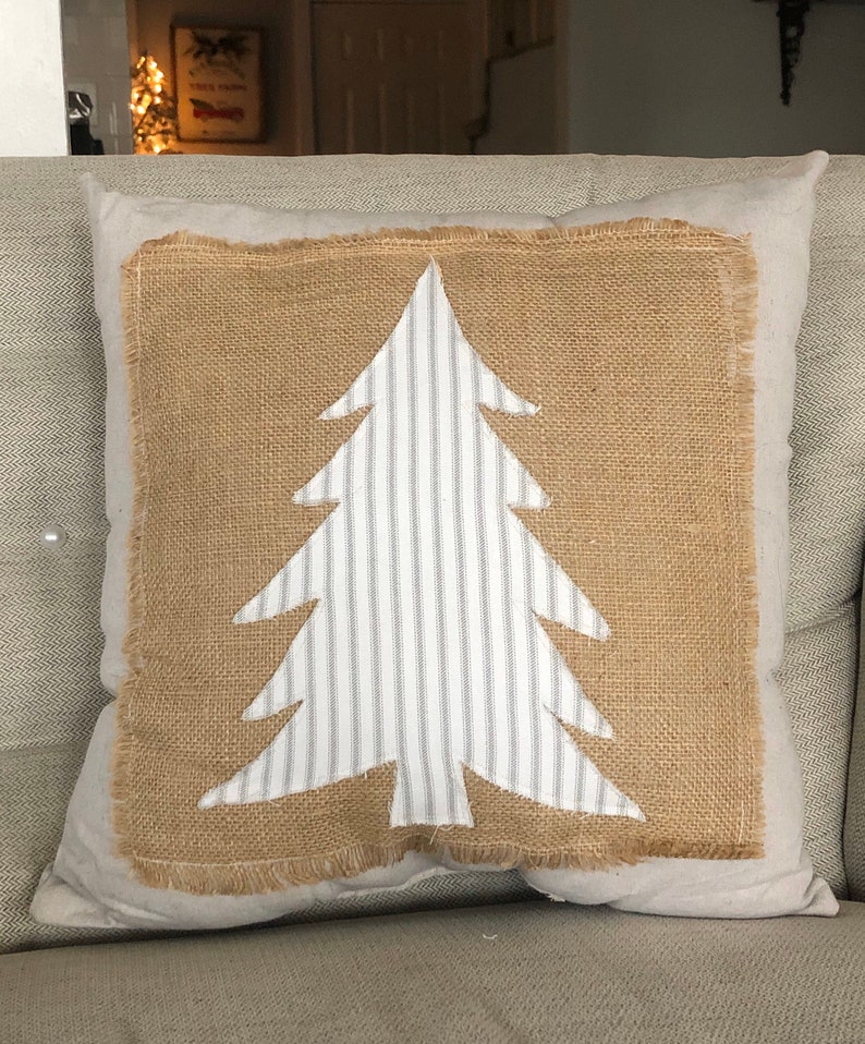 Handmade Christmas pillow Christmas tree pillow with burlap and ticking stripes Farmhouse Christmas pillow image 8