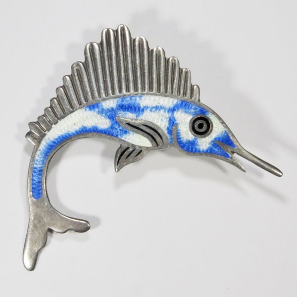 Vintage 1960's Jeronimo Fuentes Sterling Silver Mexican Enamel Sailfish Brooch Pin