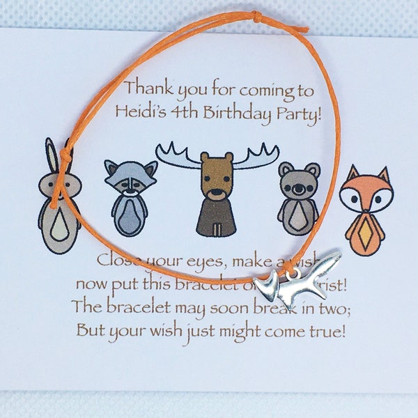 Set of 10 *** Woodland Animals Wish Bracelets and Cards - Personalised Party Favours Child's Birthday Fox, Bear Paw, Deer, Swallow, Bird