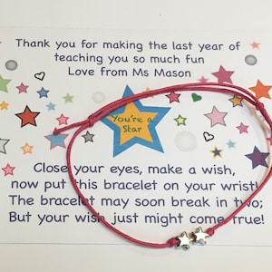 Set mit 10 * Personalisierten Geschenken für Lehrer am Ende des Schuljahres für Ihre Klasse.  Oder Danke Geschenke für Lehrer! Star Wish Armbänder und Karten