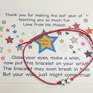 Set of 10* Teachers'  Personalised End of Term Gifts for your Class.  Or Thank You Gifts for Teachers! Star Wish Bracelets and Cards