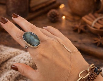 Adjustable Labradorite Ring with Hand Chain – White Gold Plated Brass, Natural Stone, Boho Cozy Handmade Jewelry