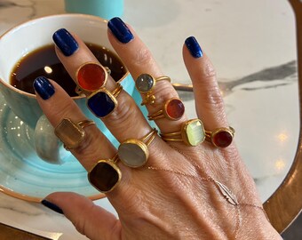 Adjustable  Rings with Hand Chain – Brass, Natural Stone, Boho Cozy Handmade Jewelry