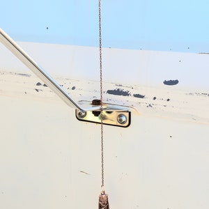 May include: A gold chain with a small, detailed, bronze insect pendant hanging from it. The chain is attached to a metal ring on a white surface.