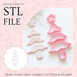 May include: Pink cookie cutters and stamped cookies shaped like a Christmas tree and star. The image includes the text "STL FILE" and "PRINT YOUR OWN COOKIE CUTTERS & STAMPS".