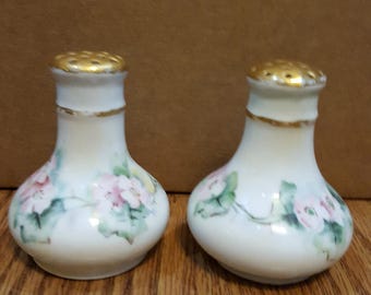 Vintage Salt and Pepper Shakers Handpainted Magnolias Gold Details *Crack*