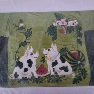 May include: A whimsical illustration featuring two pigs with black spots, a watermelon slice, and a whole watermelon. The pigs are adorned with bow ties and collars, set against a green background with foliage and additional pig figures.