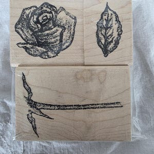 Long Stem Rose Set of 3 Wood Block Rubber Stamps INKY ANTICS Darby New S10136-S Card Art Rubber Stamping Paper Art Ink Art Crafting Stamp