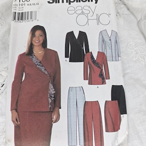 May include: Simplicity Easy Chic sewing pattern featuring a woman in a red suit. The pattern includes designs for a blazer, pants, and a skirt. The pattern size is HH 6, 8, 10, and 12.