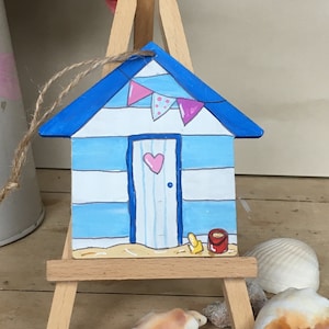 Blue hanging beach hut decoration, wooden beach hut, beach decor, seaside theme, nautical decoration, little hut, little houses