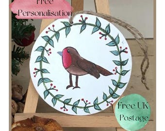 Kerstdecoratie Robin, handgemaakte decoratie, decoratie ter nagedachtenis, kerstmis roodborstje, houten decoratie, kerstversiering, kerstmis