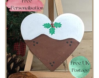 Kerstpudding hartdecoratie, handgemaakte decoratie, houten decoratie, kerstversiering, kerstpudding