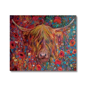 Colourful Cow and Poppies by Sue Gardner -Scottish Highland Cow Canvas Print with Poppies and Wildflowers