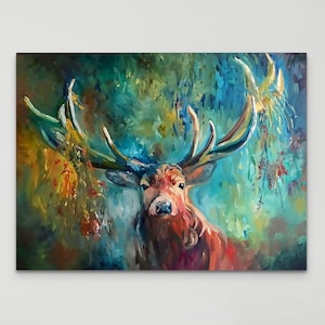 May include: An abstract painting of a majestic stag with large antlers. The artwork features a vibrant color palette of blues, greens, oranges, and reds, creating a dynamic and expressive forest scene. The stag is the focal point, rendered with bold brushstrokes.