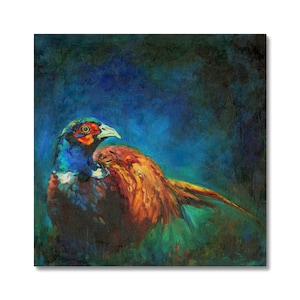 May include: A vibrant painting of a pheasant, showcasing a rich palette of colors. The bird's head features striking blue and green hues, with a red eye and a white beak. Its body displays warm orange and brown tones, set against a dark blue and green background.