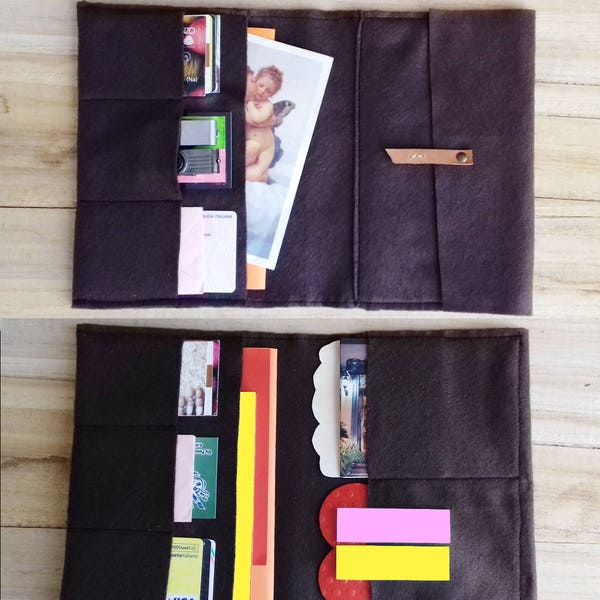 Insert portefeuille pour carnet de voyage 16 couleurs feutrine classeur : 6 porte-cartes 2 pochettes régulières 2 étuis longs 1 enveloppe Toutes tailles !