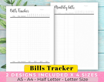 Monthly bills tracker printable planner insert template A5 A4 Letter & Half Size 2 Designs included Monthly and Quarterly-month bill tracker