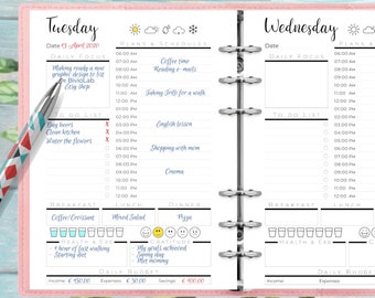 Hourly Schedule Planner Template: Meal Planner, Weather Water Health & Mood Tracker, To do list, Daily Focus, Daily budget, Gratitude,