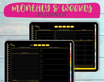 Landscape weekly and monthly digital planner with black background & pastel tabs 107 Hyperlinked pages 30 Empty pages for your pdf templates